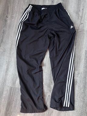 Y2K Adidas Mens baggy track Pants Black White Stripes loose medium vintage mesh